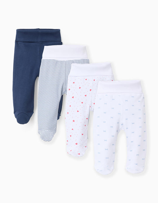 Pack of 4 Extra Comfy Footed Trousers for Babies 'Hearts', White/Blue