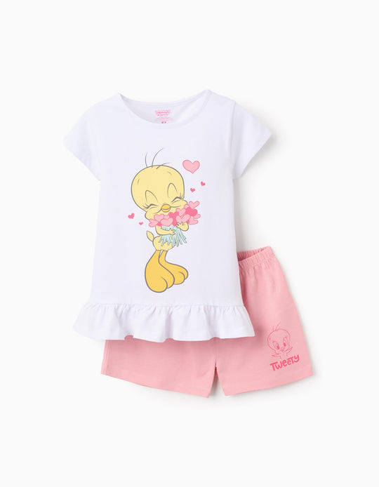 Cotton Short Pyjama with Ruffles for Girls 'Tweety', White/Pink