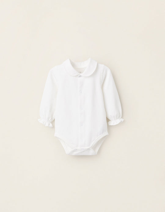 Jersey Bodysuit-Shirt with Ruffles for Newborn Girls, White
