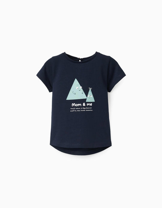 Printed Cotton T-shirt for Baby Girls, Dark Blue