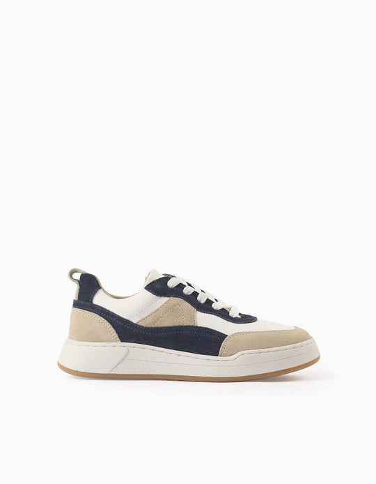Trainers with Laces for Boys, White/Beige/Blue