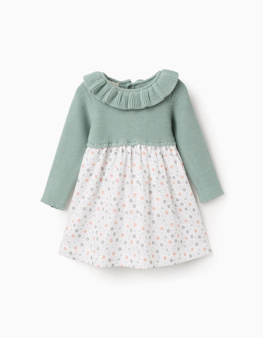 Dual-fabric dress with floral pattern for baby girls, green/white
