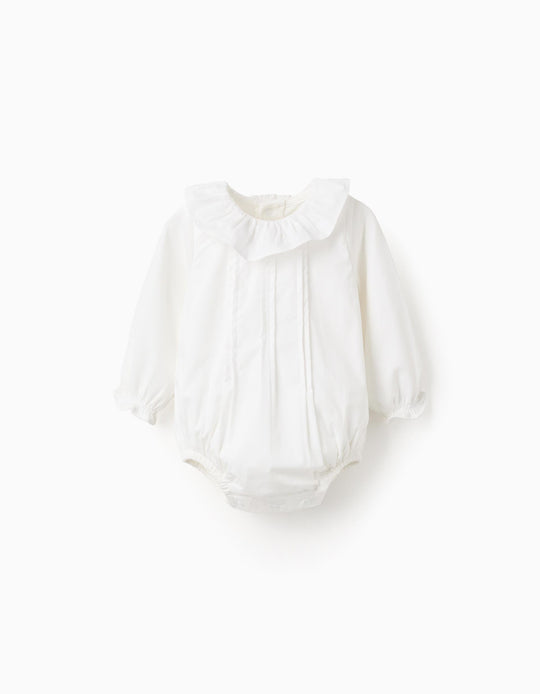 Bodysuit with Pleated Detail and Frill Collar for Newborns, White
