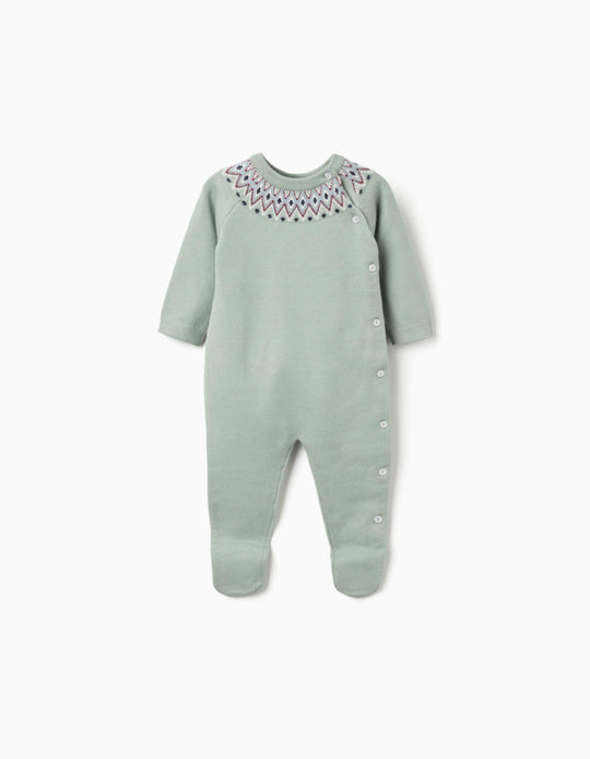Knitted babygrow with jacquard for newborn boys, green