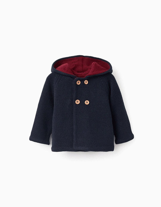 Reversible knitted jacket with hood for newborn boys, blue/red