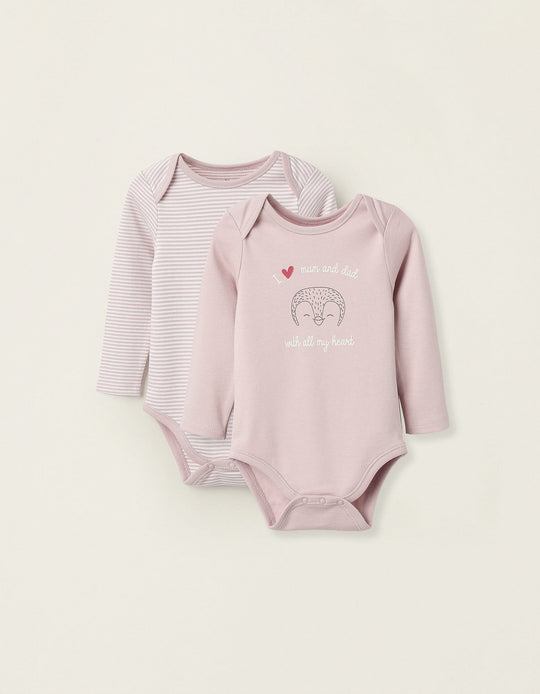 2 Cotton Bodysuits for Baby Girls 'Mum & Dad', White/Pink