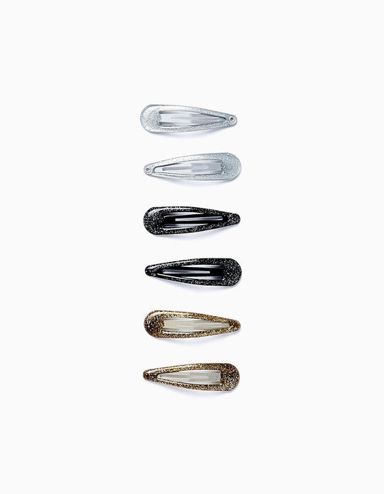 PACK OF 6 BRIGHT HAIR CLIPS FOR BABIES AND GIRLS, BLACK/GOLD/SILVER