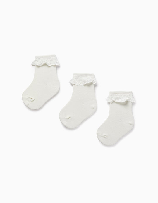 Pack of 3 Pairs of Socks with English Embroidery for Baby Girls, White