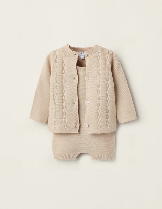 Jumpsuit + Cardigan for Newborn Boys, Beige