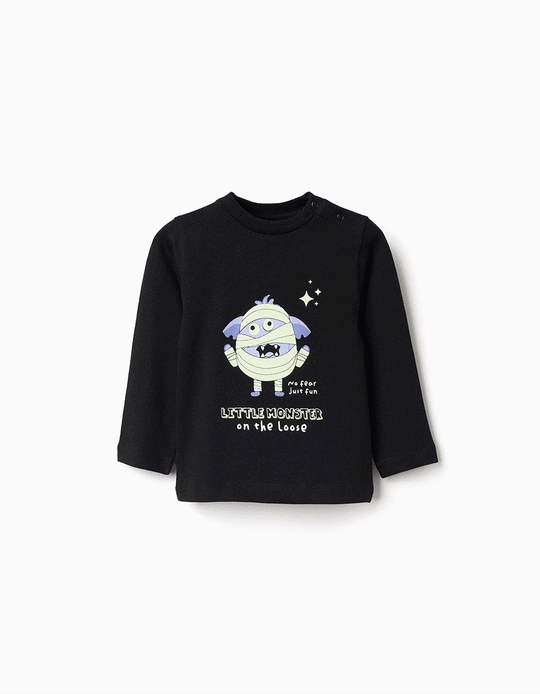 Cotton long sleeve glow-in-the-dark T-shirt for baby boys, black