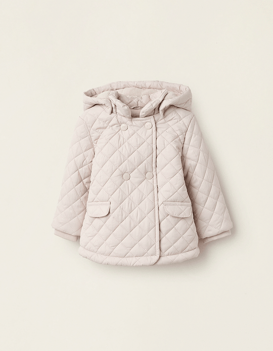 Padded Jacket with Removable Hood for Newborn Girls, Beige