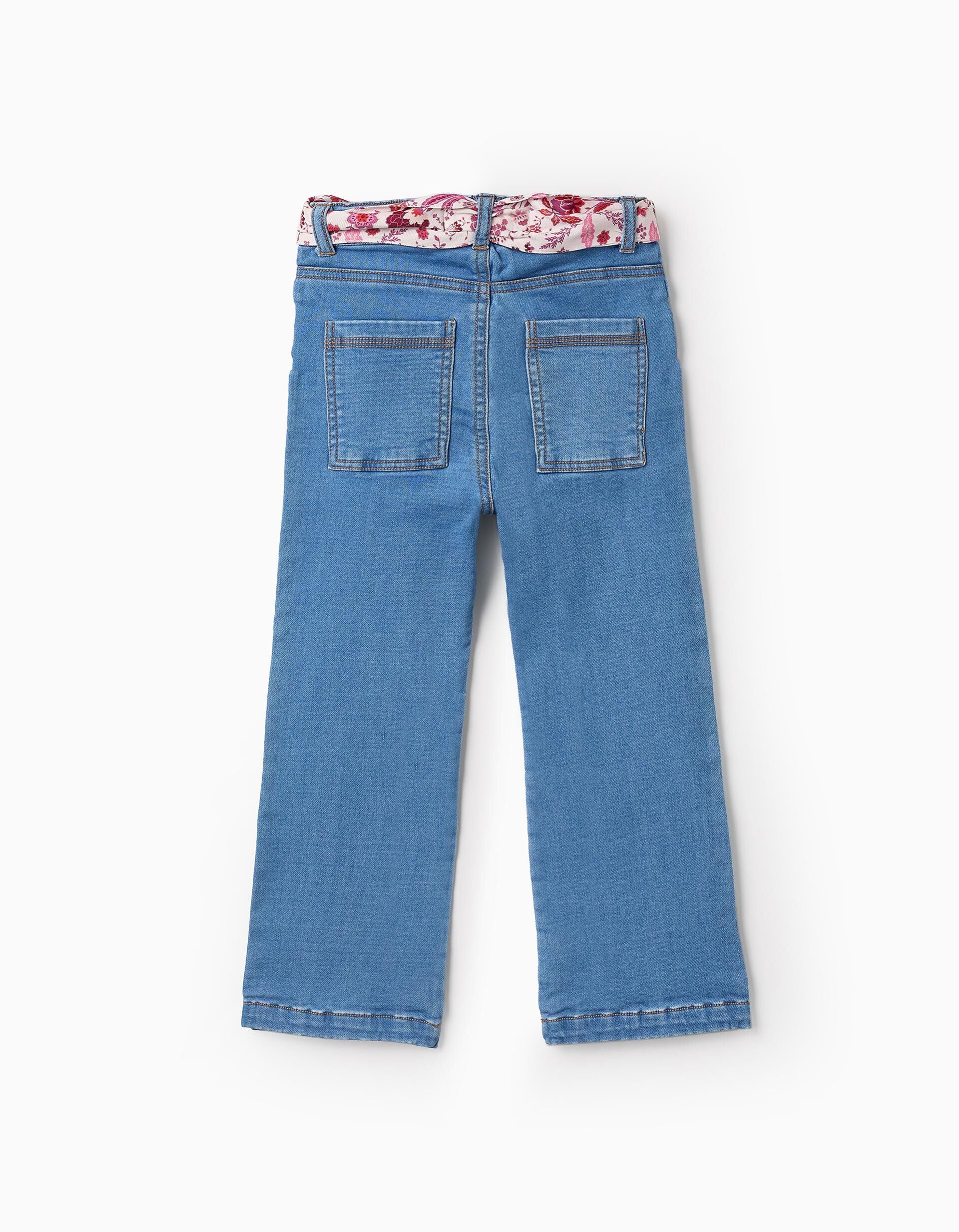 Denim Trousers with Floral Ribbon for Girls 'Flare Fit', Blue | Saudi Arabia