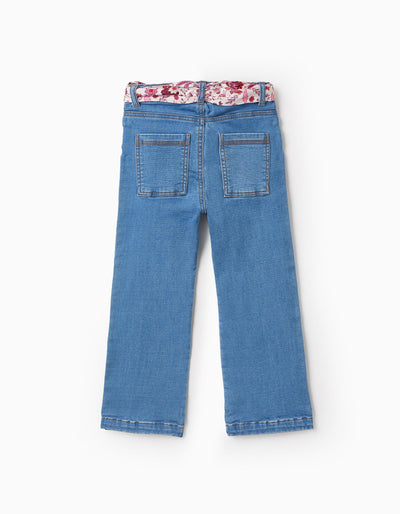 Denim Trousers with Floral Ribbon for Girls 'Flare Fit', Blue | Saudi Arabia