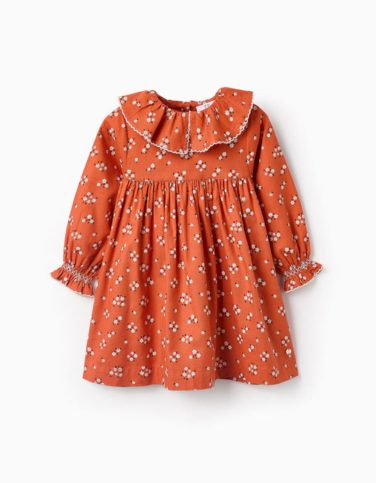 Floral Cotton Dress for Baby Girls, Orange