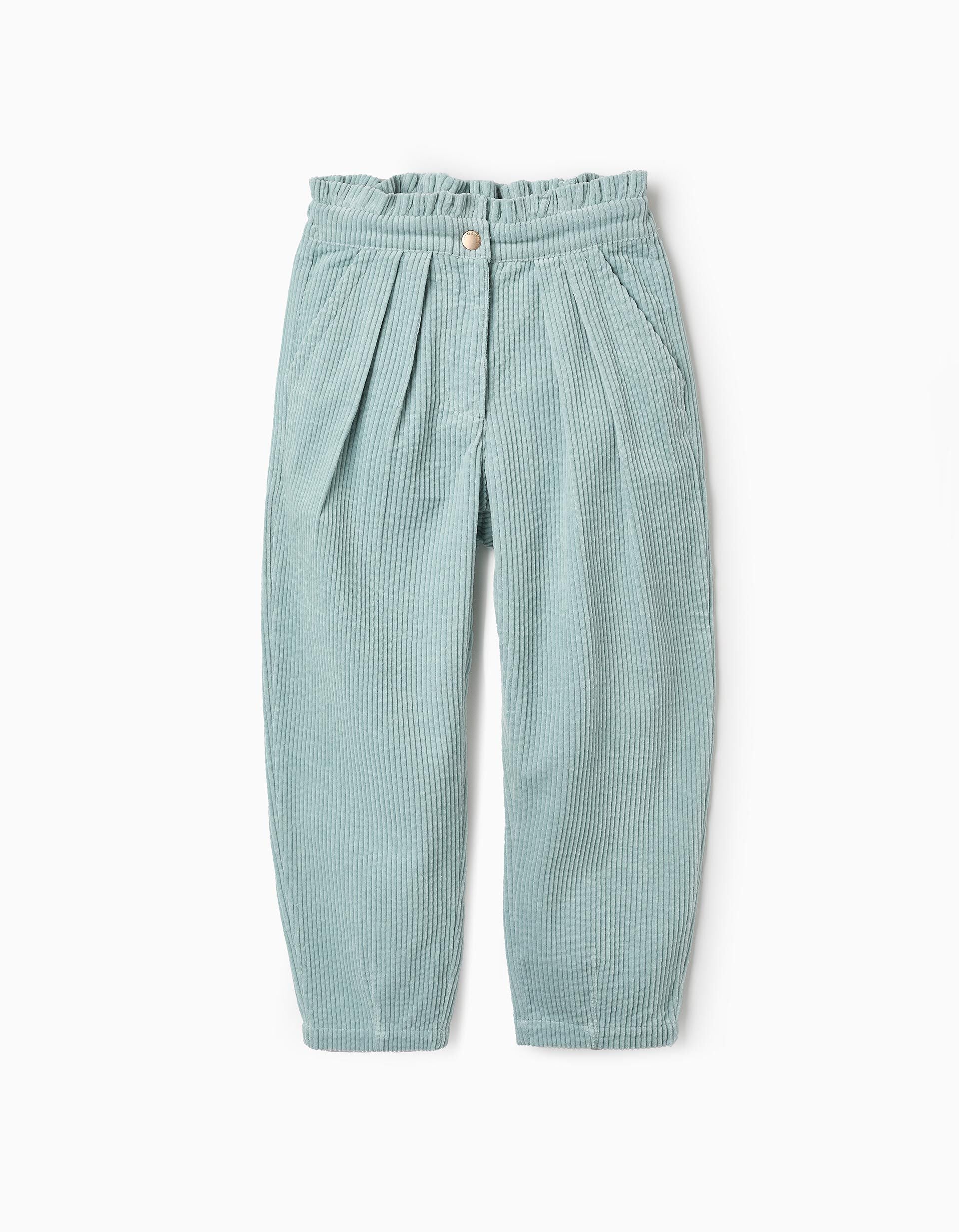 Paperbag Corduroy Trousers for Girls, Aqua Green | Saudi Arabia