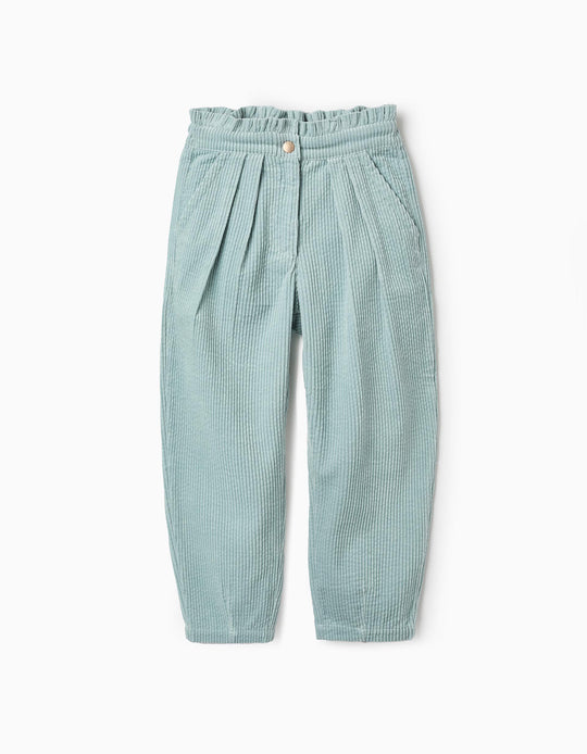 Paperbag Corduroy Trousers for Girls, Aqua Green