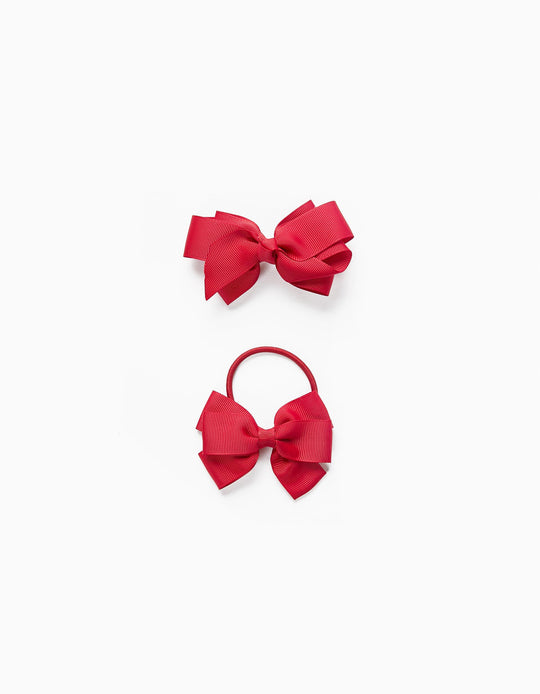 2 HAIRPINS + 2 BOBBLES WITH BOW FOR BABIES AND GIRLS RED