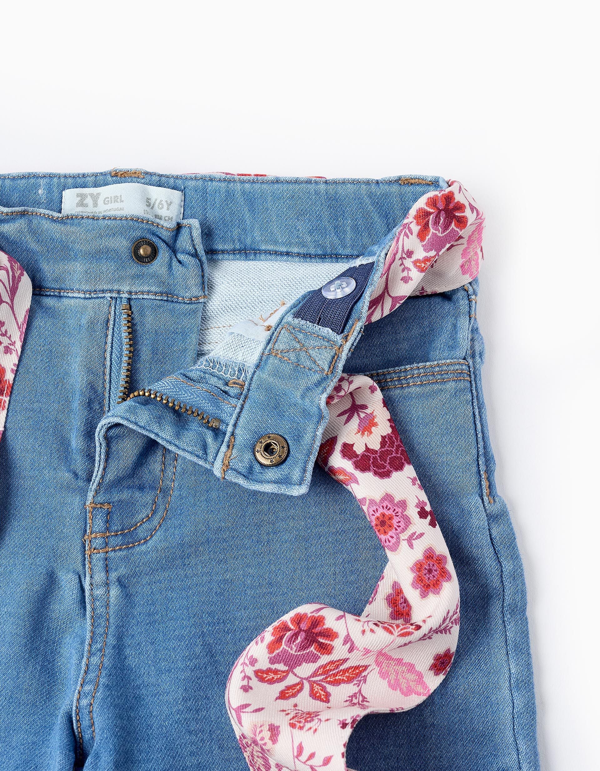 Denim Trousers with Floral Ribbon for Girls 'Flare Fit', Blue | Saudi Arabia