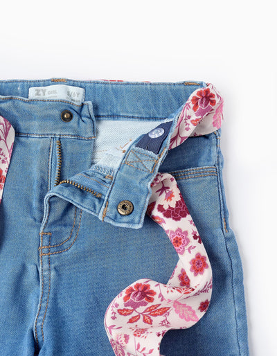 Denim Trousers with Floral Ribbon for Girls 'Flare Fit', Blue | Saudi Arabia