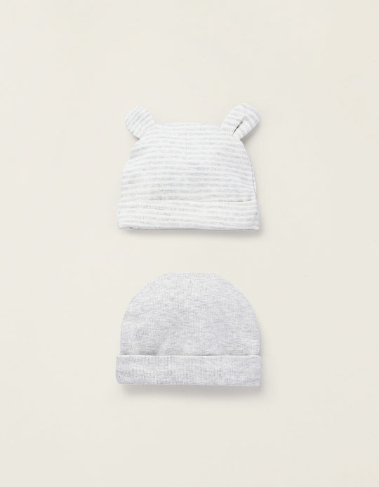 Pack of 2 Cotton Beanies for Newborns, White/Grey