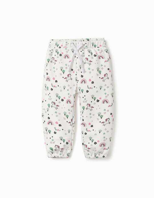 Fleece Trousers for Baby Girls 'Flowers & Unicorns', White
