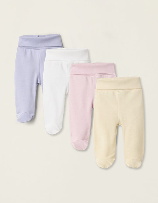 Pack of 4 Footed Trousers for Newborn Girls, multicolour
