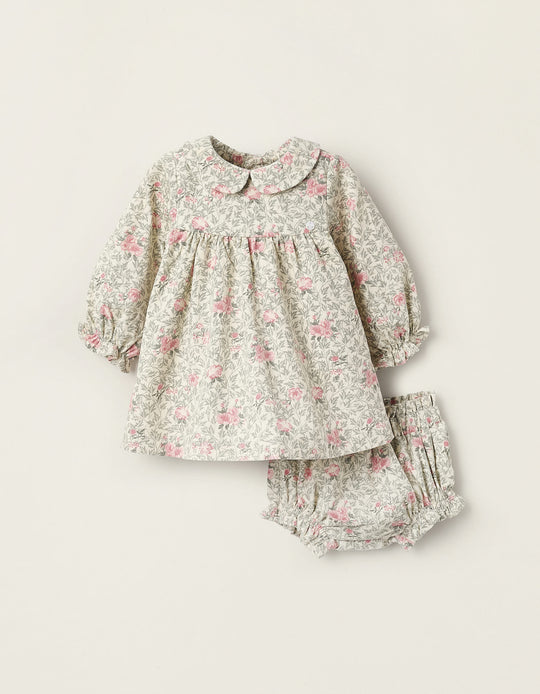 Floral Dress + Bloomers in Corduroy for Newborn Girls, Beige