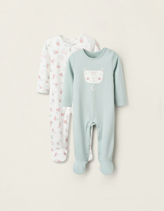 2 Cotton Sleepsuits for Baby Girls 'Cat', Green/White