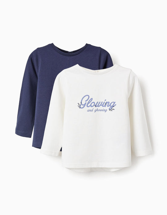 عبوة 2 تي شيرت طويل الأكمام للفتيات الصغار 'توهج' باللونين الأبيض والأزرق