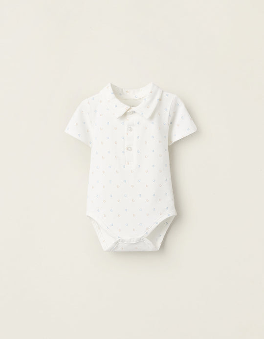 Cotton Bodysuit with Motif for Newborns, White