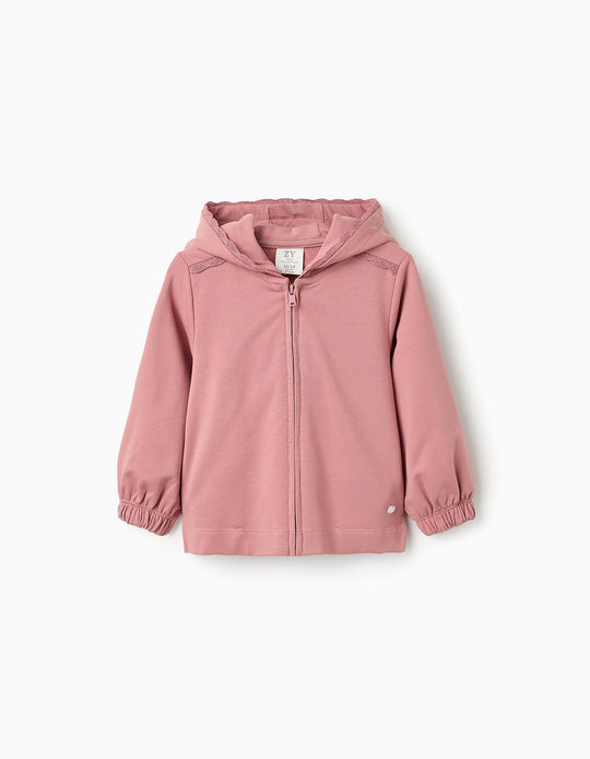 جاكيت بغطاء رأس بتفاصيل كروشيه للبنات حديثي الولادة باللون الوردي