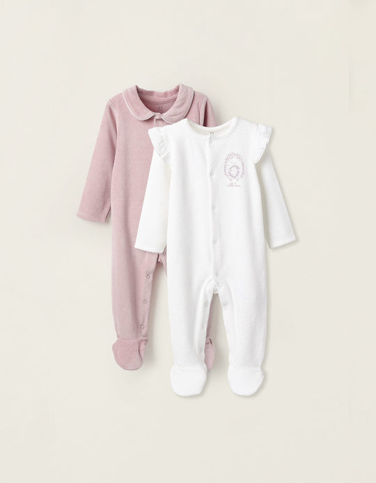 Pack of 2 Velours Sleepsuits for Newborn Girls and Babies, White/Pink
