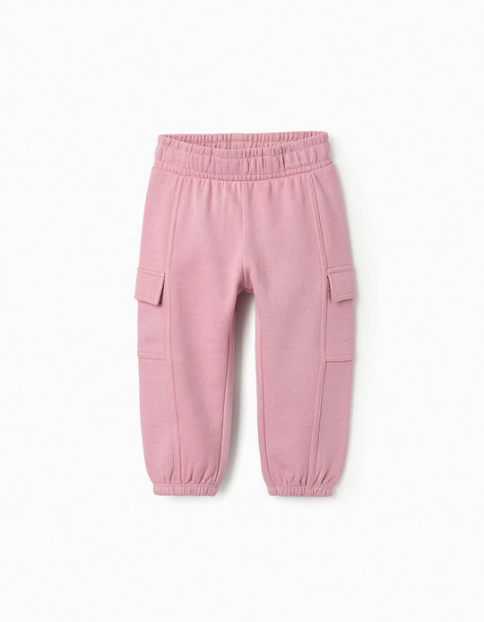 بنطلون رياضي بجيوب كارجو للبنات حديثي الولادة باللون الوردي