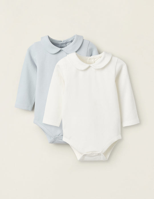 Pack of 2 Bodysuits with Peter Pan Collar for Newborn Girls, White/Blue