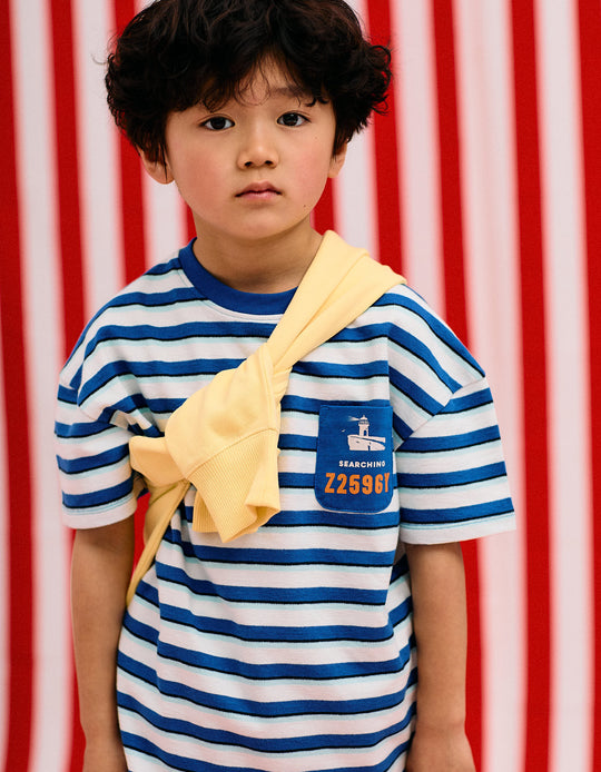 Striped Cotton Piqué T-shirt for Boys, White/Blue