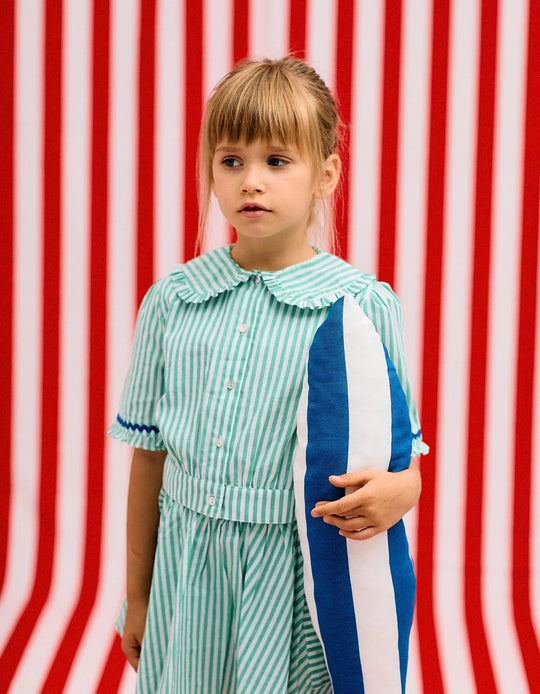 Striped Frill Blouse for Girls, Green/White