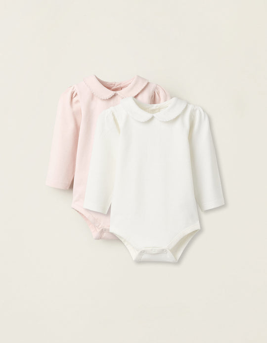 Pack of 2 Bodysuits with Peter Pan Collar for Newborn Girls, White/Pink
