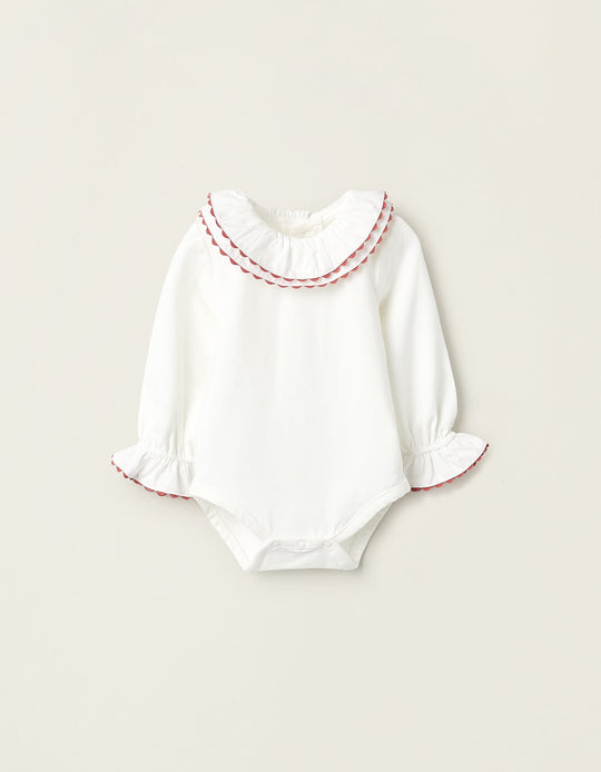 Bodysuit with Frills and Lace for Newborn Girls, White/Orange