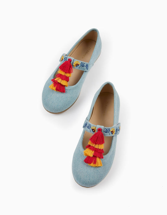 باليرينا جينز بشرابات وتطريز للبنات، أزرق