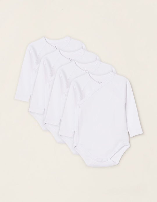 Pack of 4 Wrapover Bodysuits in Cotton for Babies, White