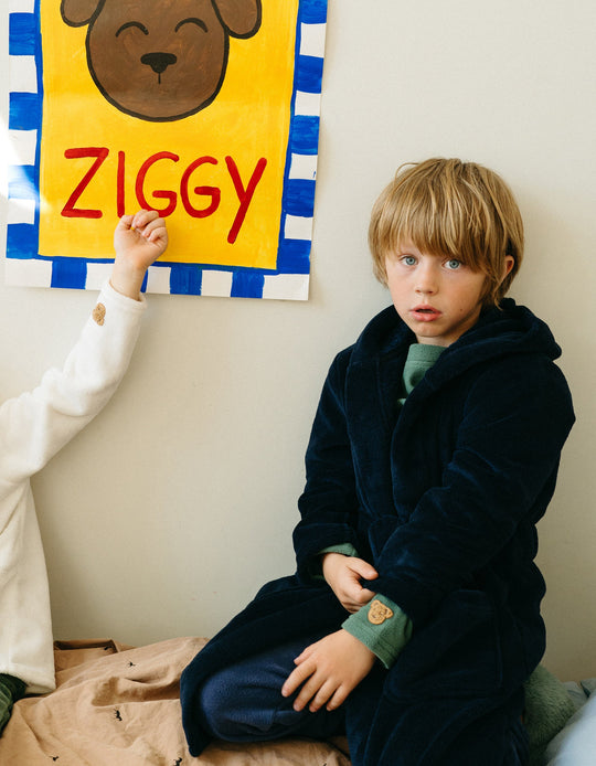 Coral Fleece Hooded Dressing Gown for Boys, Dark Blue