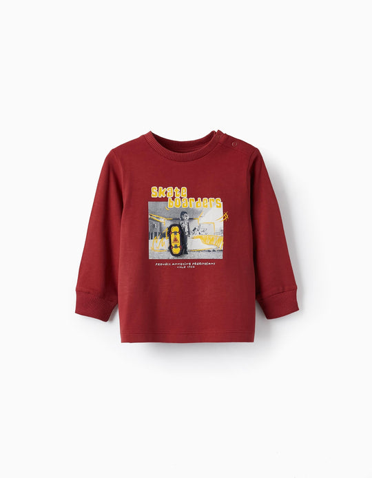 تيشيرت بأكمام طويلة بتصميم لوح تزلج ثلاثي الأبعاد للأولاد الرضع "سكيت"، أحمر