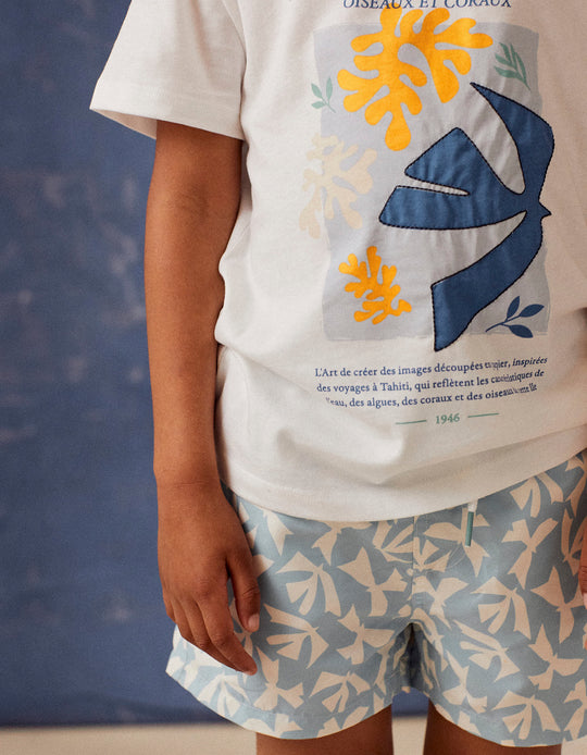 Swim Shorts with Pattern for Boys, Blue/White