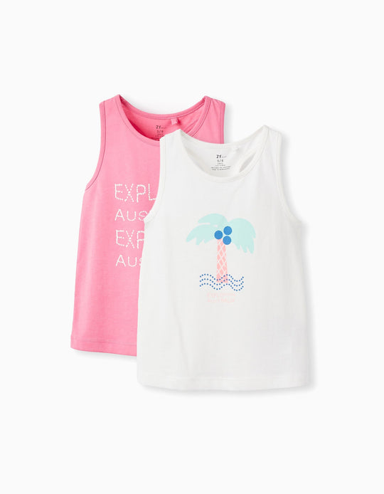 2 توب قطن للفتيات "Australia"، أبيض/زهري