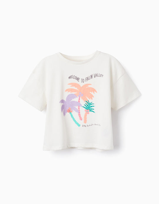 تيشيرت قطن بخرز للفتيات "Palms"، أبيض