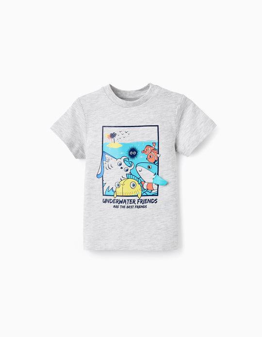 Cotton T-shirt with Printed Design for Baby Boys 'Friends&Sea', Grey