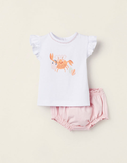 T-Shirt + Shorts for Newborn Girls 'Beach', White/Light Pink