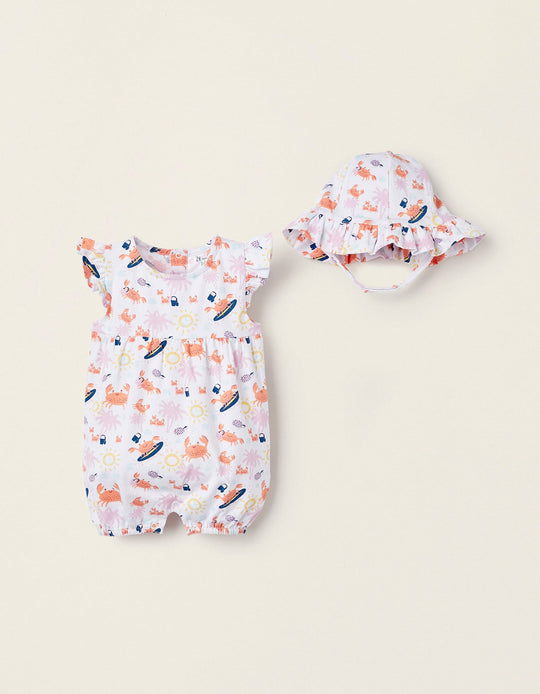 Hat + Cotton Jumpsuit for Newborn Girls, Multicolour