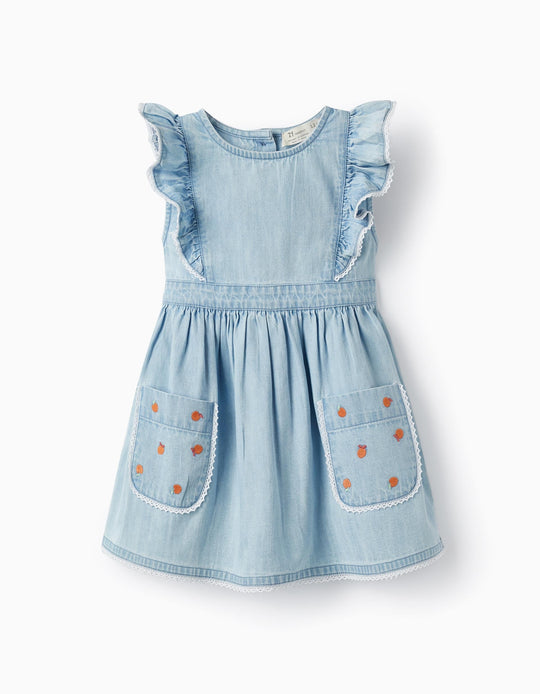 Light Denim Dress with Ruffles and Lace for Baby Girls, Light Blue