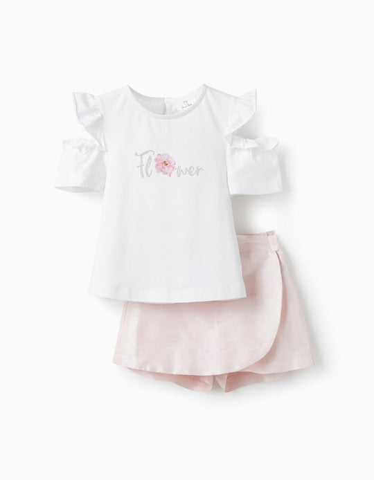 T-Shirt with Ruffles + Shorts Skirt for Girls 'Flower', White/Pink